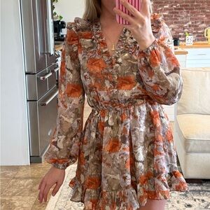 Current Air Floral Long Sleeve Dress in Orange and Brown